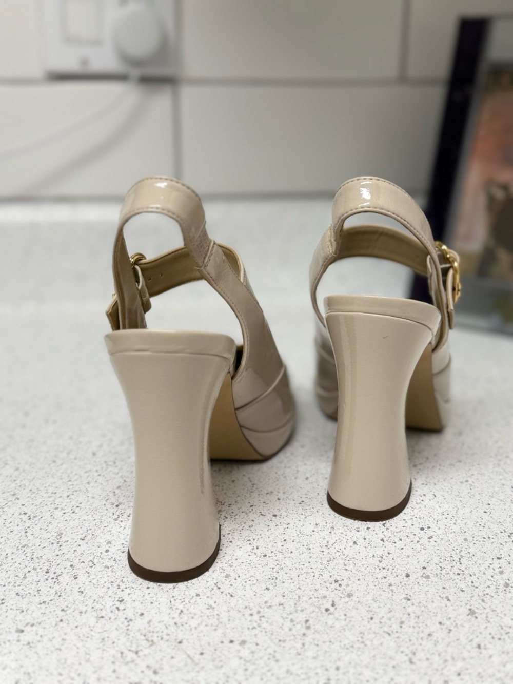 Sam Edelman Cream Patent Slingback Block Heels with Gold Buckle - Picture 5 of 7